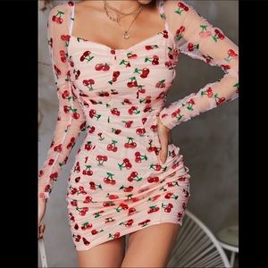 COPY - Double Crazy Ruched Cherry Mesh Bodycon Dress